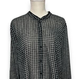 Banana Republic Black & White Window Pane Semi-Sheer Blouse Size XL